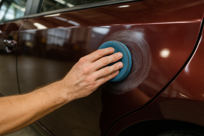 Mão de profissional aplicando cera líquida com pano de microfibra na lataria de carro cinza escuro em ambiente de oficina, destacando prática de manutenção preventiva para preservar a pintura.