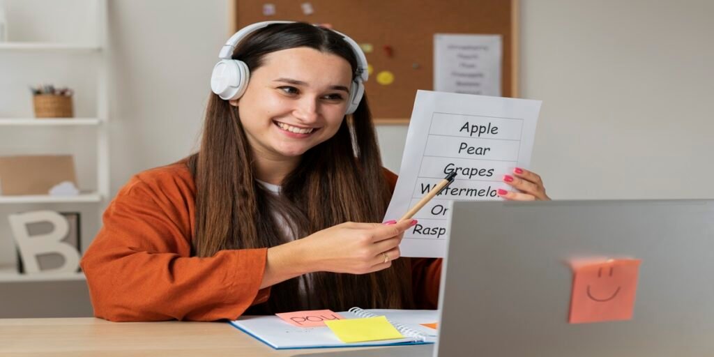 Pessoa apontando para o item "Grapes" em lista de frutas enquanto estuda com materiais de apoio