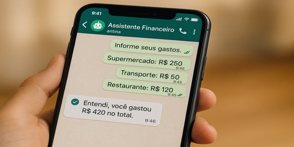 Conversa no WhatsApp entre usuário e assistente financeiro sobre despesas com supermercado, transporte e restaurante