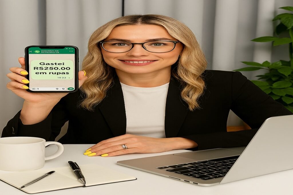 Pessoa em ambiente de trabalho segurando celular com mensagem sobre gasto de R$250 em roupas