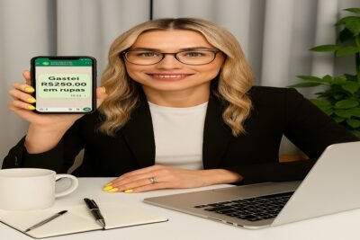 Pessoa em ambiente de trabalho segurando celular com mensagem sobre gasto de R$250 em roupas