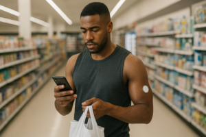Um homem jovem, vestindo camiseta sem mangas preta, está em um supermercado segurando uma sacola plástica branca e olhando para o celular. No braço, ele usa um sensor de glicose visível. Ao fundo, prateleiras cheias de produtos desfocados completam o cenário.