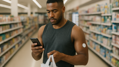 Um homem jovem, vestindo camiseta sem mangas preta, está em um supermercado segurando uma sacola plástica branca e olhando para o celular. No braço, ele usa um sensor de glicose visível. Ao fundo, prateleiras cheias de produtos desfocados completam o cenário.